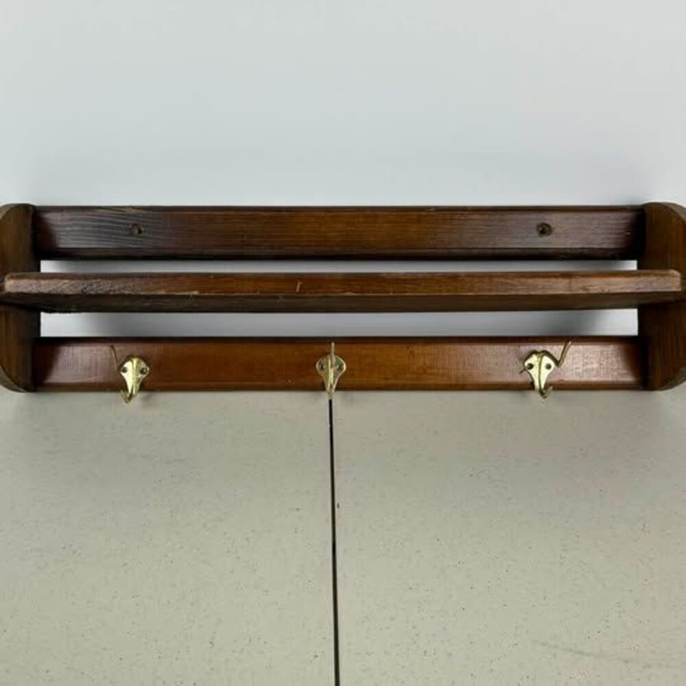 Vintage Wooden Wall Shelf with 3 Brass Hooks